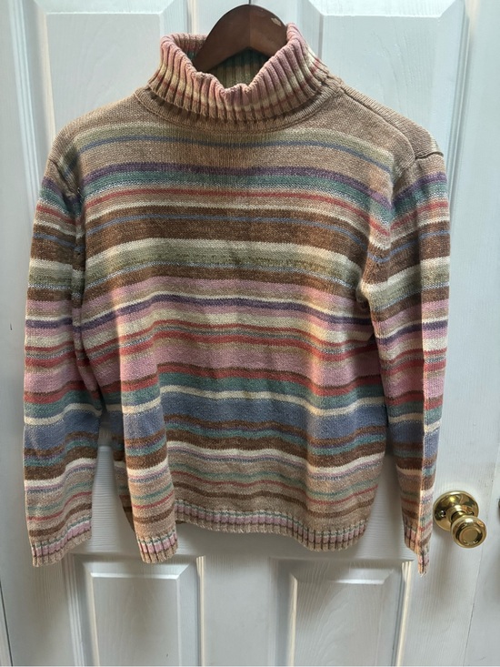 Tiara International Sweaters - Women's Striped Turtleneck Sweater - Pink & Tan Multicolor